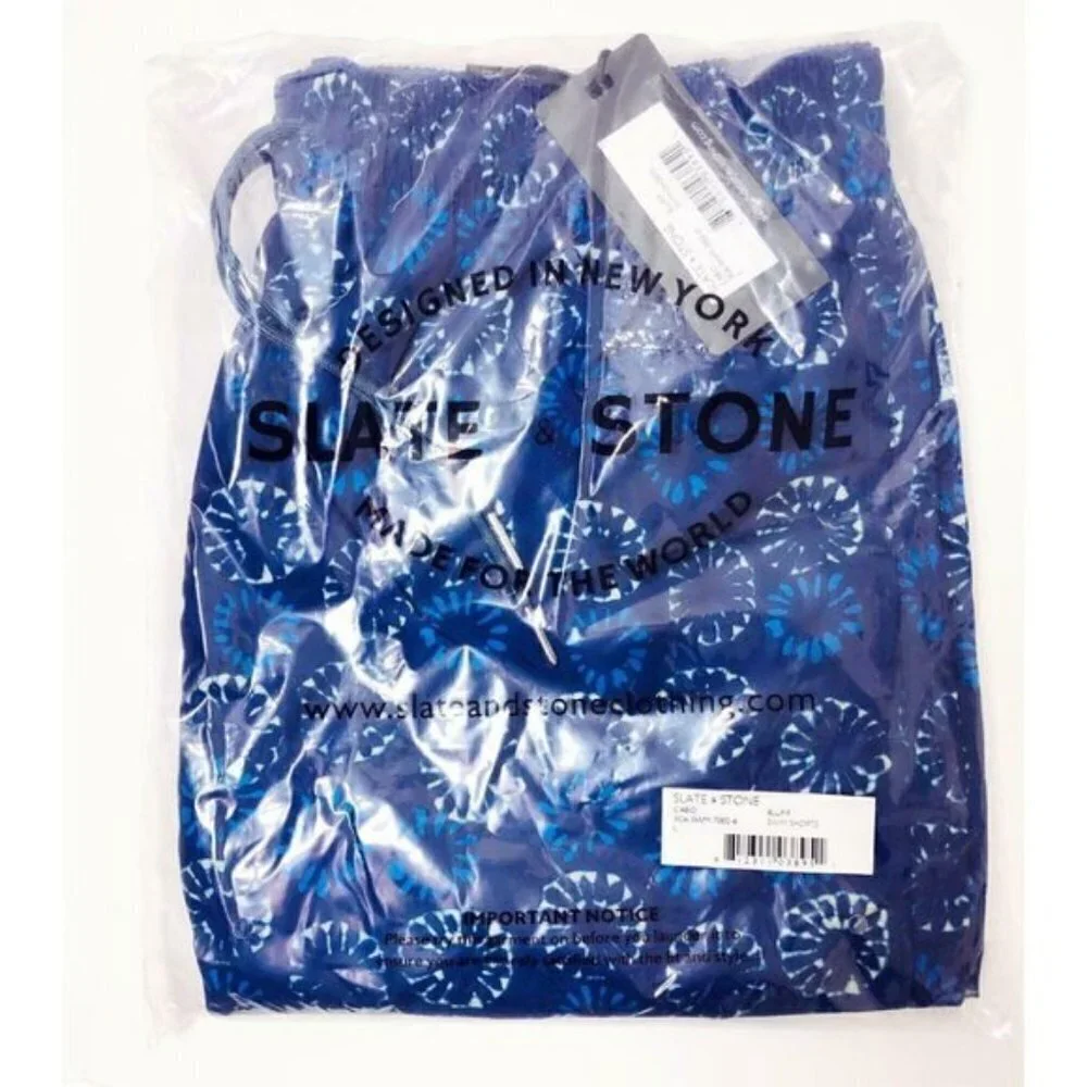 Slate & Stone Mens Blue Geo Print Pockets Swim Trunks Swimwear Sz L New